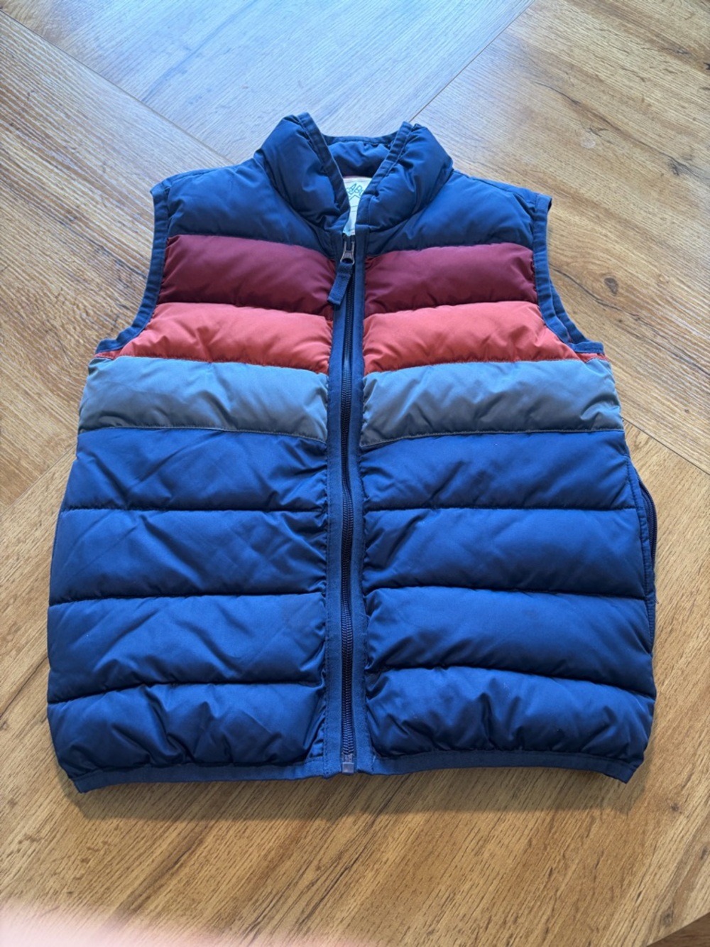 Children's Navy Colorblock Puffer Vest with Red and Gray Stripes